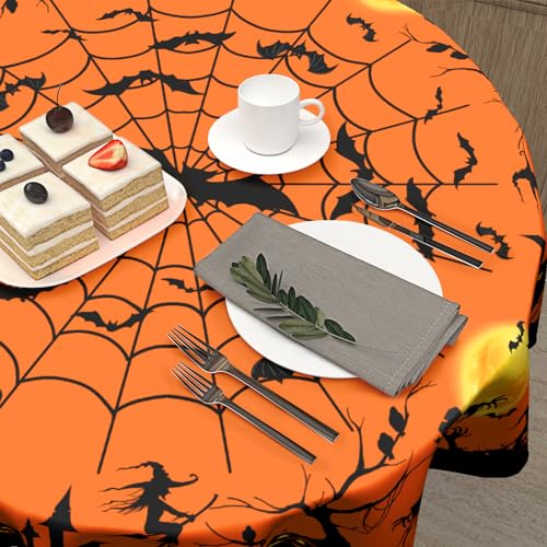 Halloween Round Tablecloth 60 Inch Spider Web Orange & Black - Farmhouse Decor - Holiday Party
