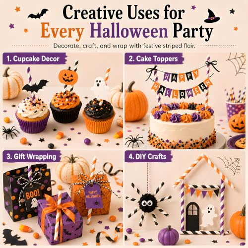 Paper Drinking Straws Set - Orange, Black, Purple for Halloween & Parties - 100 Pack