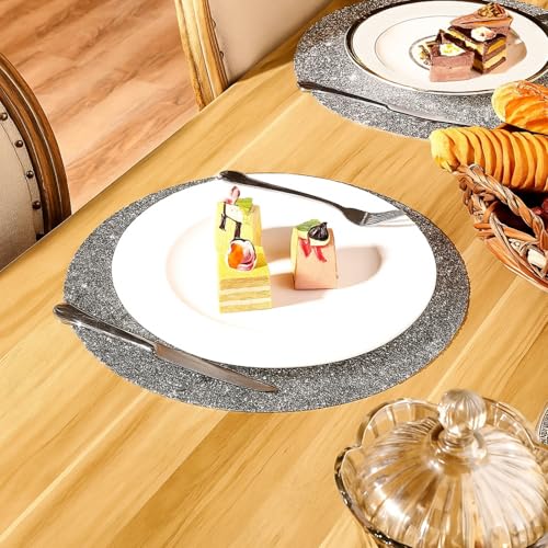 Silver 4-Piece 15 Inch Rhinestone Round Placemat Set - Glitter Sparkle Table Mats