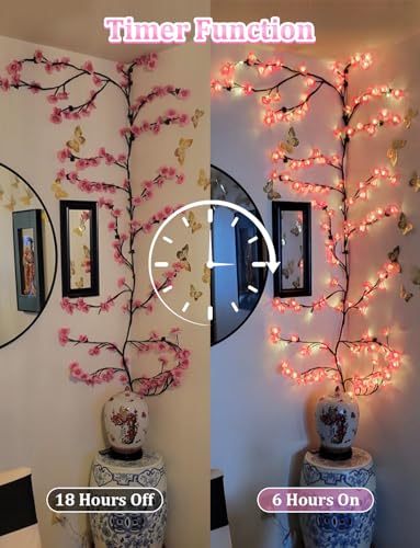 48 LED Pink Cherry Blossom Wall Lights for Bedroom Decor - Dimmable with Remote & Timer