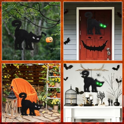 Halloween Hanging Black Cat Decoration with Glowing LED Eyes - 18.5 Inch Indoor Outdoor Decor - Black Cat Variation