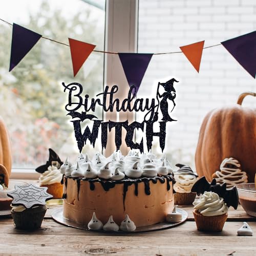 Black Glitter Birthday Witch Cake Topper Halloween 20th 30th 40th 50th Celebration Decor
