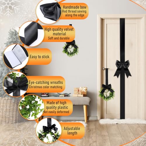Black Christmas Door Wreaths & Bow Set - Holiday Decoration for Cabinets & Windows