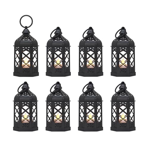 Mini Lantern with Flickering LED Candle - Black, 8 Pack, Halloween & Party Decor