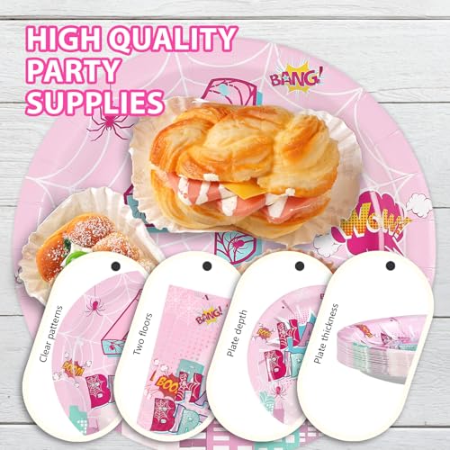 Pink Spider 4th Birthday Party Plates & Decorations - Serves 24 - Variation of Pink Web 4th Plates Kit
