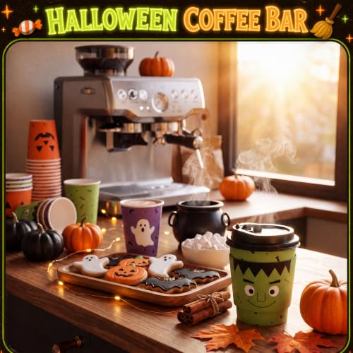 Halloween Disposable Coffee Cups with Lids & Sleeves - 8 oz Bulk Set