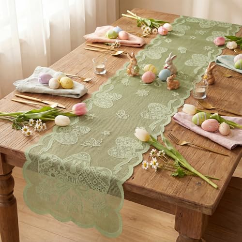 Egg Bowknot Green Lace Jacquard Table Runner 13x72 Inch for Easter Home Decor