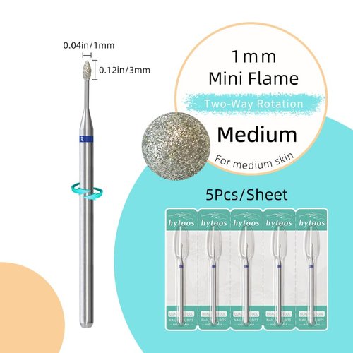 HYTOOS 1mm Mini Flame Cuticle Clean Nail Drill Bit, 5Pcs/Set Russian Diamond Nail Bits Professional Safety Under Nail Cleaner Burr for Cuticle Dead Skin, Electric Nails Drill Accessories, Medium