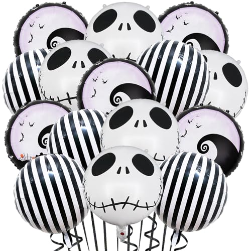 15 Pack Halloween Skull Balloons - Black & White Striped Foil Party Decorations
