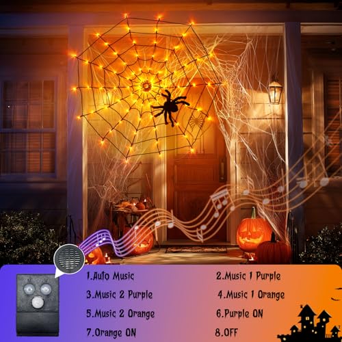 Vanthylit Halloween Spider Web Lights with Motion Sensor & Music - Purple & Orange 4FT 84LED Indoor Outdoor Decor
