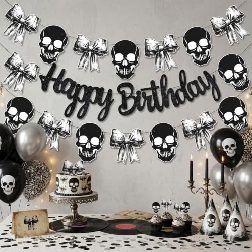 Gothic Birthday Banner Black Skull and Bow Spooky Party Decor