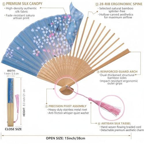 Women’s Foldable Vintage Bamboo Silk Fan - Sky Blue Handheld Fan with Tassel