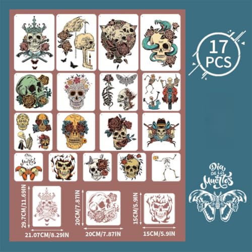 Halloween Skull Stencils Set - Large Reusable Wall Art & Craft Templates - Rose Skull Variation
