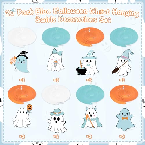 Halloween Ghost & Pumpkin Hanging Decorations - Blue & White Spooky Ceiling Streamers Set