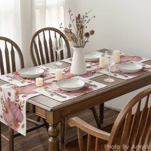 Pink Pumpkin Maple Leaf Fall Placemats Set of 4 - 12 x 18 Inch Rectangular