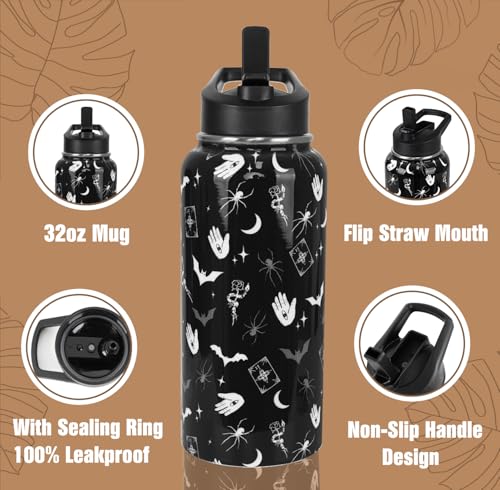 Goth Water Bottle with Straws 32oz Insulated Stainless Steel - Black Gothic Design