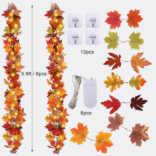 6 Pack Fall Garland with Lights - 5.9Ft Artificial Autumn Leaves Decor with LED String for Indoor Outdoor Halloween Thanksgiving