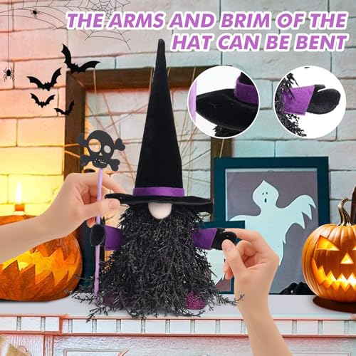 15 Inch Halloween Gnome Decor Set - Black & Purple Witch & Skull Gnomes, Indoor & Outdoor Halloween Tabletop Decorations