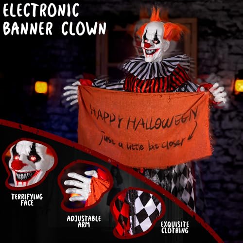 Halloween Hanging Clown Animatronic - 5ft Spooky Floating Prop with Banner, Sound & Light Activation