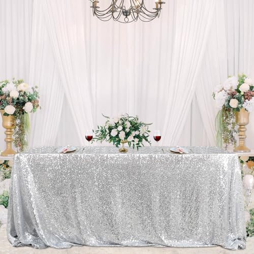 Silver Sequin Tablecloth for Party & Holiday Events 132x90 Inches Rectangular