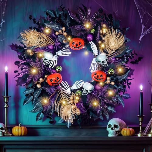 Halloween Wreath with Lights - Gothic Pumpkin Door Decor, 24 Inch