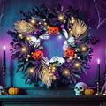 Halloween Wreath with Lights - Gothic Pumpkin Door Decor, 24 Inch