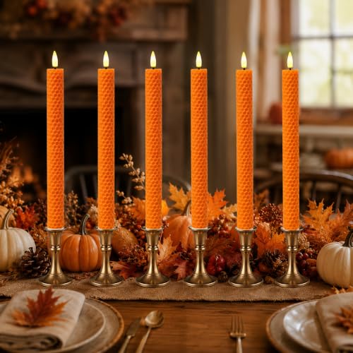 Orange Honeycomb Flameless Candles with Remote & Timer - 9.5 Inch LED Flickering Candles, Real Beeswax, Battery Operated, Set of 6