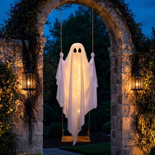 Outdoor 5FT Hanging Swing Ghost Halloween Decoration with LED Lights