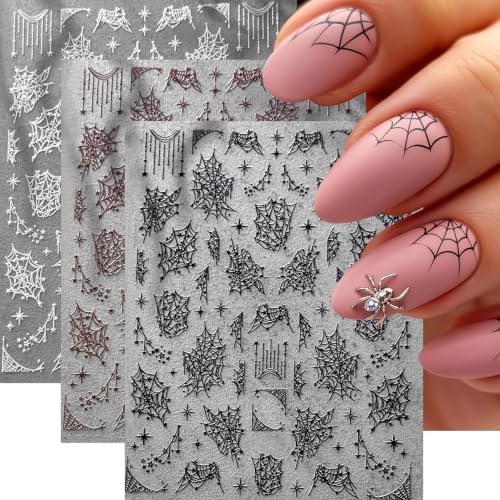 Stars Spider Web Halloween Nail Stickers - 3 Sheets Self-Adhesive Nail Art Decals