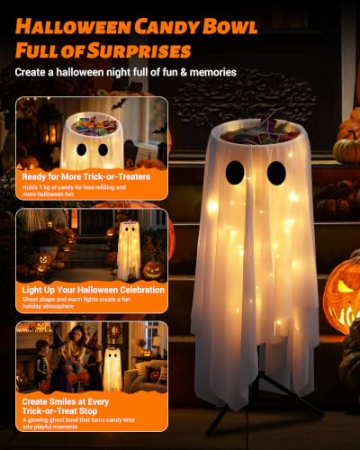Halloween Ghost Candy Bowl with Remote Control & Adjustable Stand - Glowing Trick-or-Treat Decor