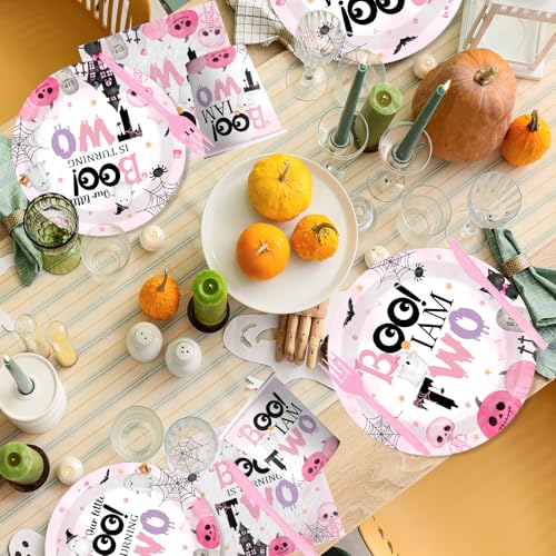 Halloween Pink Ghost Party Supplies Set for Girls' 2nd Birthday - Plates, Napkins, Cups & Cutlery