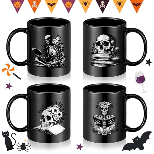 Potchen Skeleton Style Halloween Coffee Mug Set - Book Lover Gothic 12 oz Cups