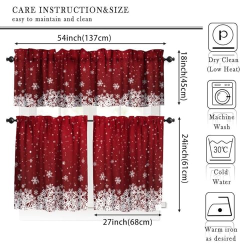 Christmas Curtains Valances Set 3 Pieces - Red Snowflake Holiday Window Decor 27"W x 24"L