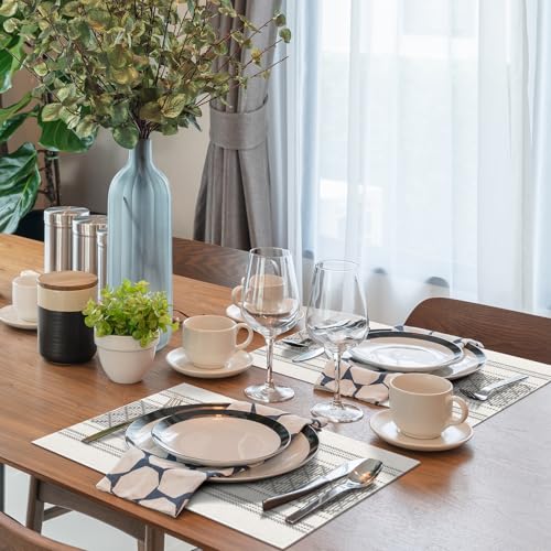 Grey & White Boho Placemats Set of 8 - Cotton Blend Rustic Table Mats 14x18 Inches