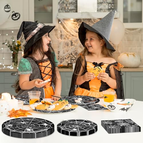 Halloween Spider Web Disposable Tableware Set for 24 Guests - Black & White Party Supplies