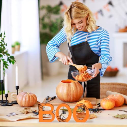 Ovootok Boo Halloween Sign - 3PC Wooden Indoor Decor with Spiderwebs & Spider - Festive Table Centerpiece - Variation: Boo