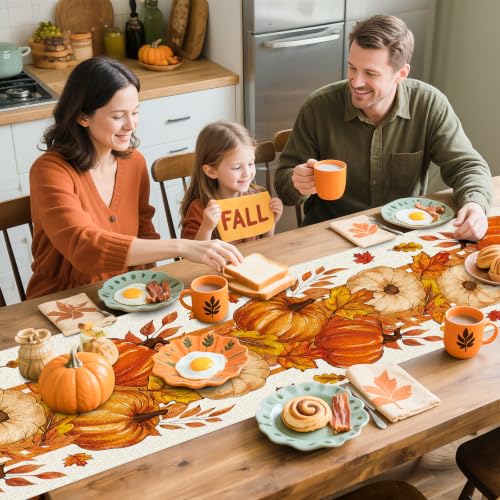Fall Pumpkin & Maple Leaf Table Runner 13x60 Inches - Autumn Decor - Yellow Fall Variation