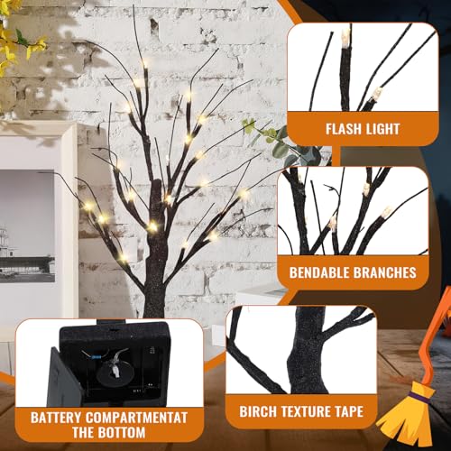 Halloween Tree & Bird Decoration Set with LED Lights - Black, 13 Pieces