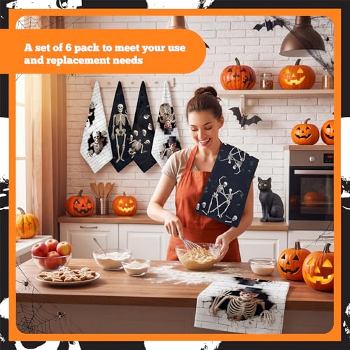 Skeleton Halloween Skull Kitchen Towels - Gothic Dish Hand Towels - 6 Pack