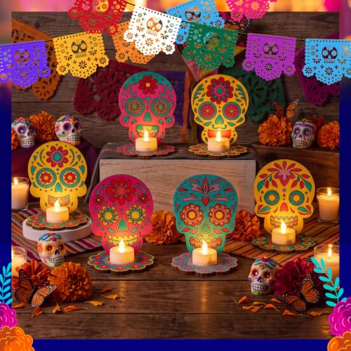 LemonRoad Day of the Dead Skull Candle Holders - DIY Wooden Marigold Ofrenda Decor - Variation of Skull
