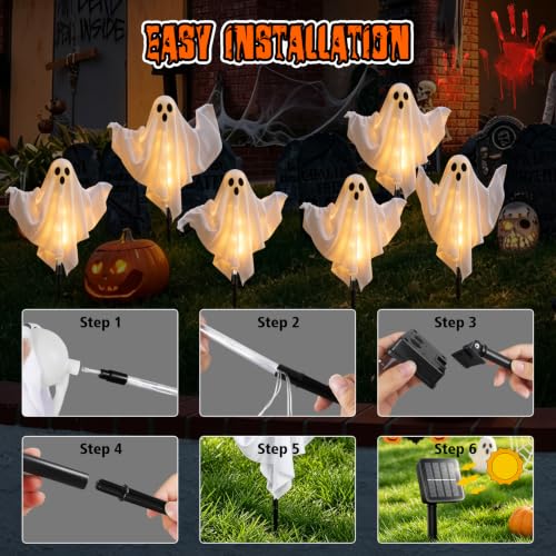 Halloween Ghost Solar String Lights - Warm White Outdoor Decoration - 6 Pack