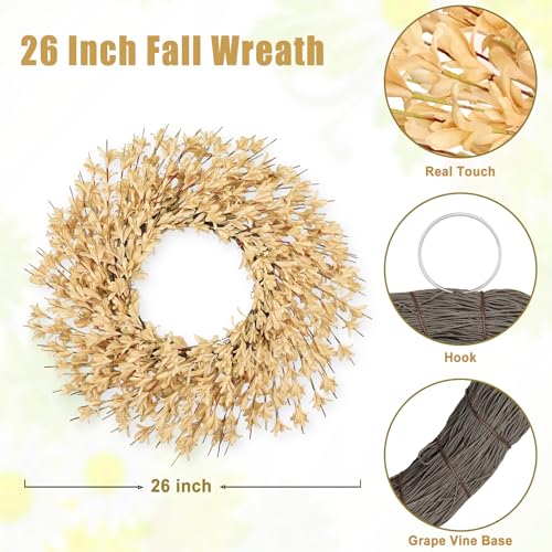 26 Inch Realistic Fall Wreath for Front Door - Wheat Variation