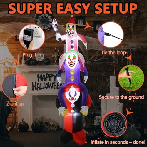 Halloween Inflatable 8ft Scary Clowns Stacked in Human Ladder with LED Lights - Outdoor Decor - Variation of Clown