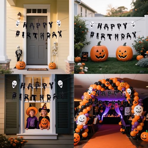 Halloween Birthday Banner with Ghost Masks - Spooky Party Decorations