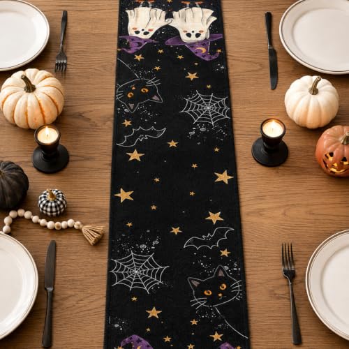 Halloween Table Runner 90 Inches - Black Ghosts Cats Witch Hats Web Decor