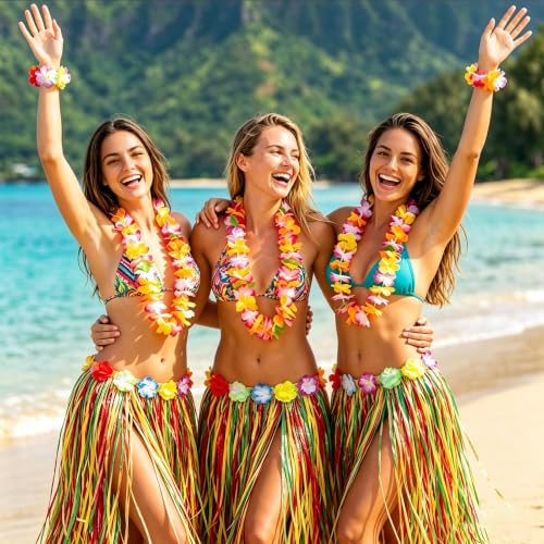 7PCS Hawaiian Leis Bulk Colorful Tropical Flower Necklaces for Summer Beach Party - Includes 80cm Skirt Variation