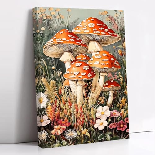 Red Mushroom Canvas Wall Art - Botanical Kitchen Decor, 12x18 Inches