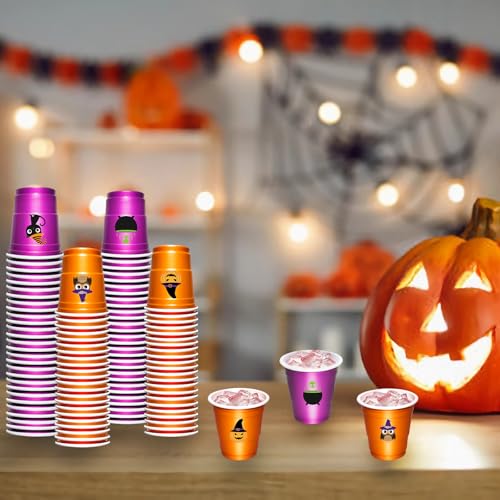 Halloween Plastic Shot Glasses Set - 100 Disposable Mini Cups with Pumpkin & Cat Designs