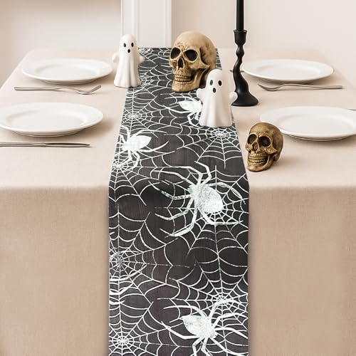 Halloween Table Runner Silver Spider Web Pattern 13x72 Inch Gothic Table Cover