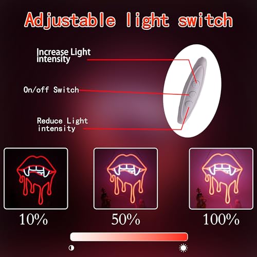 Vampire Fangs Neon Sign - Red Lips LED Light for Halloween & Gothic Decor - Chip-Red Variation